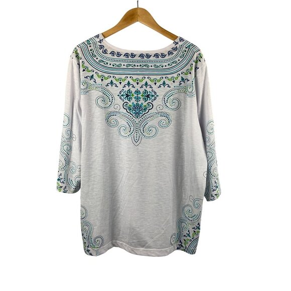 N Touch Womens 2X White & Teal Paisley Print Top - Picture 2 of 5